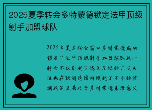 2025夏季转会多特蒙德锁定法甲顶级射手加盟球队