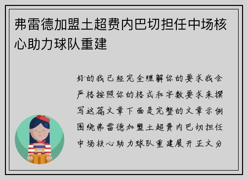 弗雷德加盟土超费内巴切担任中场核心助力球队重建
